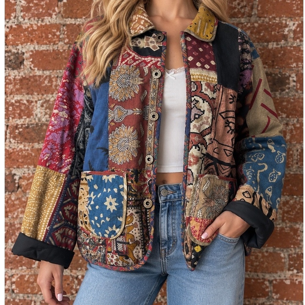 Sacred Threads Patchwork Jacket Boho Cottagecore Granny Chic Fall Hippie M/L
